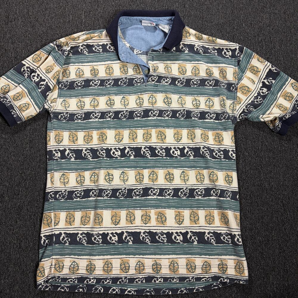Vintage Y2k Striped Bugle Boy Blue Beige Leaf Men's Polo T Shirt Cotton Large
